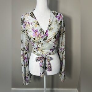 Audrey sheer whimsy Wrap Blouse with Bell Sleeves floral Y2K top